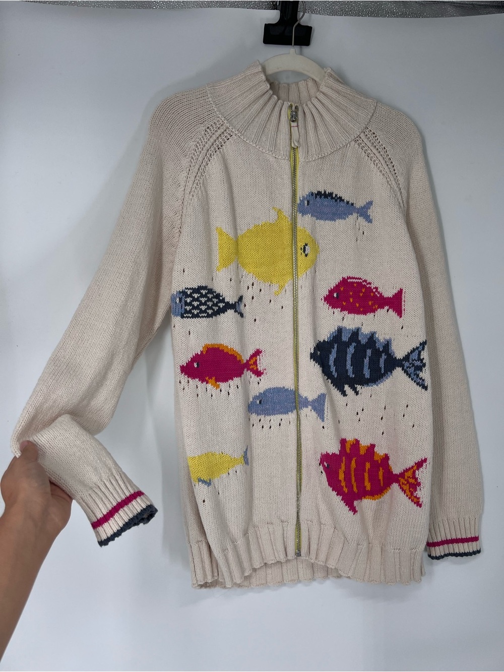 Pilcro Cream Full Zip Colorful Fish Motif Cotton Nautical Lake Cardigan Sweater - Picture 2 of 7